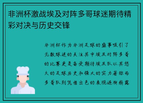 非洲杯激战埃及对阵多哥球迷期待精彩对决与历史交锋